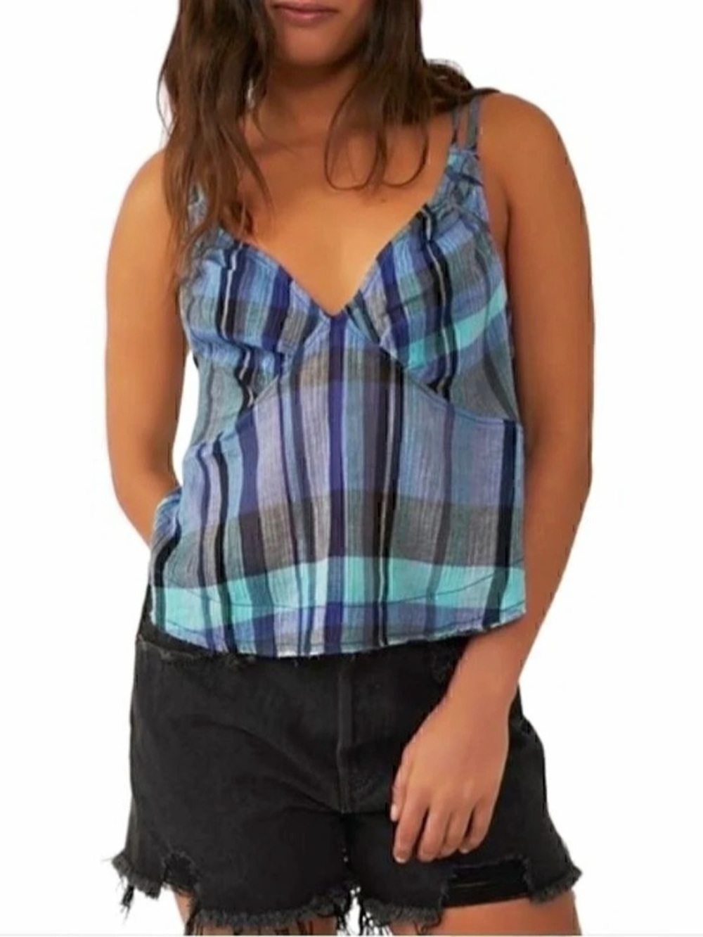 We The Free Plaid Cami Top in Blue & Green Size Small